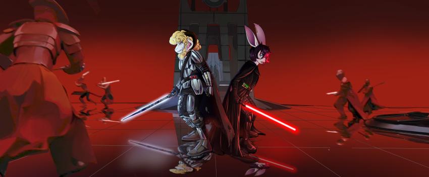 absurd_res armor battle black_hair bovid bovid_horn caprine caprine_horn darksaber darth_vader duo emo_hairstyle facial_piercing femboy fur hair hi_res horn lagomorph leporid lightsaber lip_piercing magenta_highlights male male/male mammal melee_weapon piercing rabbit ram_horn red_lightsaber romantic romantic_couple royal_guards saries_(character) sheep snakebite_piercing star_wars the_mandalorian vield_nevellinya weapon white_body white_fur white_skin wool_(fur) yellow_body yellow_fur yellow_wool yenix12