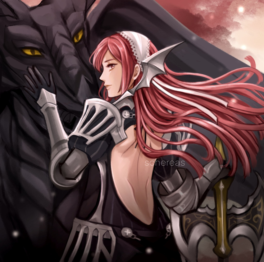 armor artist_name axe back cherche_(fire_emblem) closed_mouth dragon female fire_emblem fire_emblem_awakening from_behind hairband highres holding holding_axe long_hair looking_at_viewer looking_back minerva_(fire_emblem_awakening) pink_eyes pink_hair schereas upper_body white_hairband wyvern