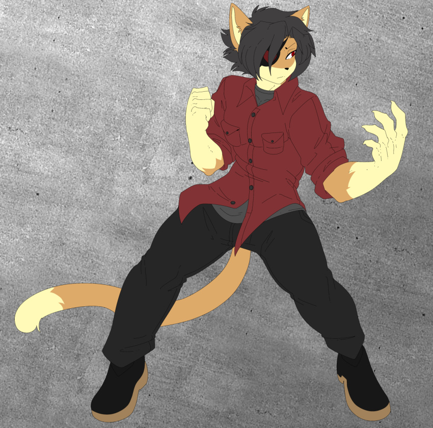 anthro biped clothed clothing dipstick_tail domestic_cat felid feline felis fingers hair hi_res male mammal markings munkeesgomu munks_(munkeesgomu) solo tail tail_markings