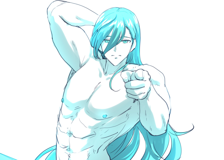 1boy ainchase_ishmael bad_id bad_pixiv_id blue_eyes blue_hair completely_nude elsword expressionless glowing_nipples highres long_hair male_focus muscular muscular_male nude pinkmarine pointing pointing_at_viewer richter_(elsword) solo very_long_hair