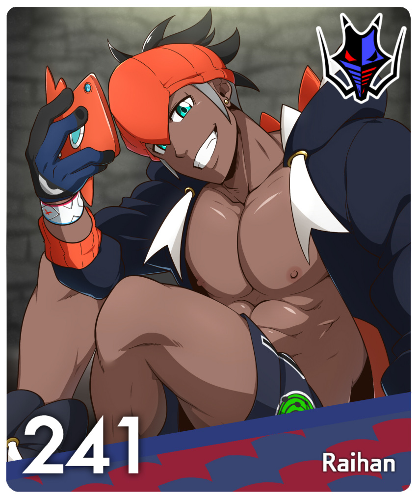 1boy abs bare_pectorals black_gloves black_hair black_jacket black_shorts blue_eyes character_name dark-skinned_male dark_skin dynamax_band gloves highres holding holding_phone jacket kuroshinki looking_at_viewer male_focus nipples open_clothes open_jacket orange_headwear pectorals phone pokemon pokemon_swsh raihan_(pokemon) rotom rotom_phone short_hair shorts smile solo teeth undercut