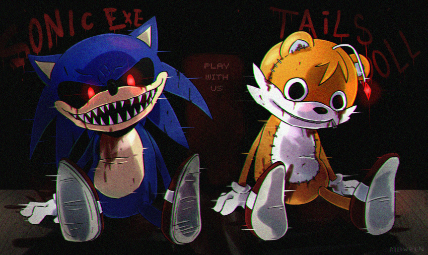 alloween ambiguous_gender antennae_(anatomy) anthro blood bodily_fluids canid canine clothing creepy creepypasta demonic doll duo english_text eulipotyphlan evil_grin footwear fox gloves glowing glowing_eyes handwear hedgehog hi_res horror_(theme) male mammal nightmare_fuel plushie red_eyes sega sharp_teeth shoes sitting smile sonic.exe sonic.exe_(creepypasta) sonic_the_hedgehog_(series) static stitch_(sewing) tails_doll teeth text zipper