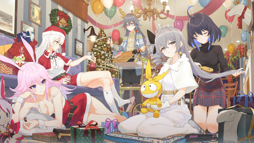 5girls absurdres ai-chan_(honkai_impact) animal animal_ears antenna_hair balloon bell belt black_belt black_hair black_shirt blue_eyes blue_hair box brushing_hair christmas christmas_tree closed_eyes coca-cola colored_inner_hair comb deer_ears drill_hair food fu_hua gift gift_box glasses grey_eyes grey_hair hair_between_eyes hat highres higokumaru holding holding_comb homu_(honkai_impact) honkai_(series) honkai_impact_3rd kiana_kaslana kiana_kaslana_(void_drifter) korean_commentary long_sleeves multicolored_hair multiple_girls official_art party pink_hair santa_hat seele_vollerei shirt shoes sitting skirt smile socks standing uwabaki white_hair white_socks yae_sakura