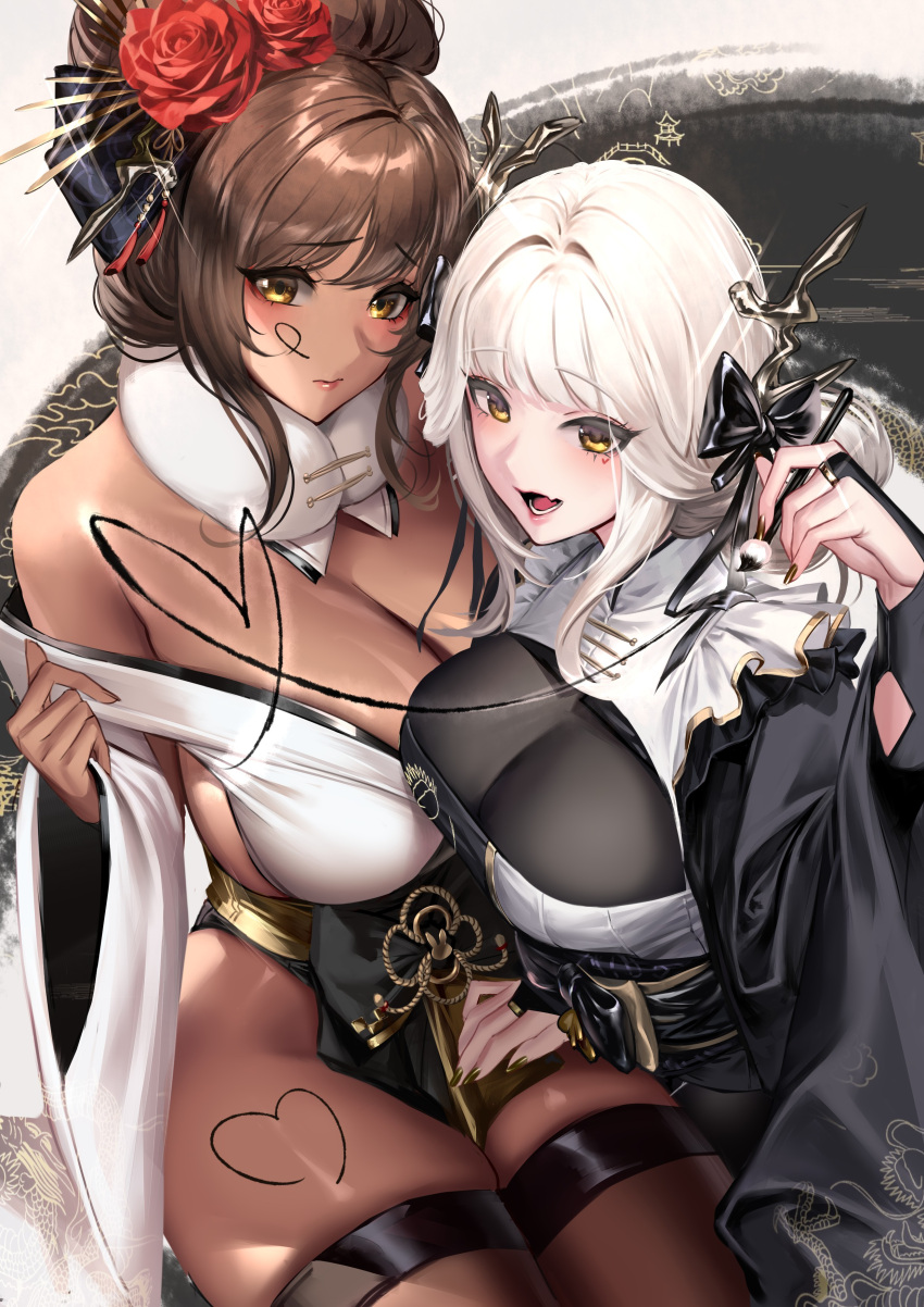 2girls 777_(nikke) absurdres black_kimono blanc_(nikke) blanc_(white_rabbit)_(nikke) blush bodystocking breast_press breasts brown_hair cian_yo cleavage closed_mouth commentary_typo dark-skinned_female dark_skin flower frills goddess_of_victory:_nikke gold_nails hair_flower hair_ornament hairpin hanetsuki heart highleg highres holding ink japanese_clothes kimono large_breasts looking_at_viewer lower_teeth_only medium_breasts multiple_girls nail_polish noir_(black_rabbit)_(nikke) noir_(nikke) oerba_yun_fang official_alternate_costume open_mouth red_flower siblings sisters skin_fang skindentation teeth thighhighs white_hair yellow_eyes