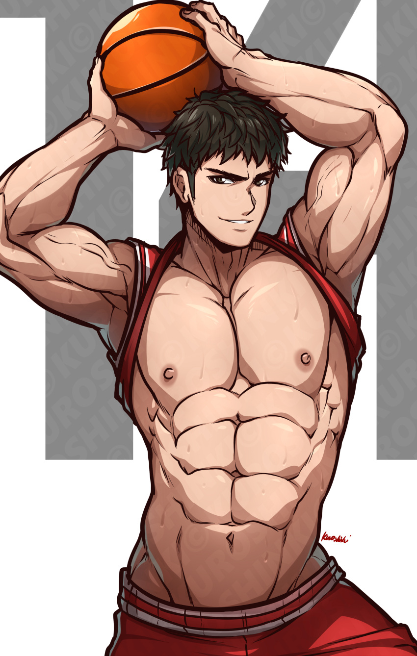 1boy abs absurdres artist_name ball bara bare_pectorals basketball_(object) black_hair clothes_lift highres holding kuroshinki large_pectorals looking_at_viewer male_focus mitsui_hisashi muscular muscular_male pectorals red_shorts red_tank_top shirt_behind_neck shirt_lift short_hair shorts sideburns slam_dunk_(series) smile solo sportswear tank_top