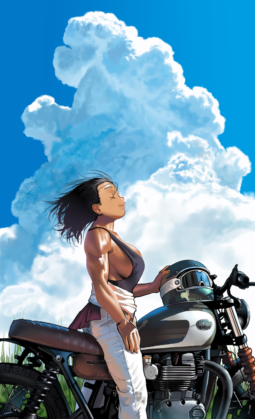 absurdres arung_samudra_(cessa) black_hair black_tank_top blue_sky bracelet breasts cessa closed_eyes clothes_around_waist cloud cloudy_sky commentary dark-skinned_female dark_skin day earrings english_commentary female helmet highres huge_breasts jewelry motor_vehicle motorcycle muscular muscular_female no_bra ombok_diving_and_delivery_services pants profile shiny_skin short_hair sideboob sky solo straddling tank_top unworn_headwear unworn_helmet white_pants wind