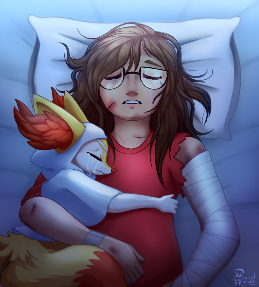 anthro bodily_fluids braixen brown_hair canid canine cast clothed clothing comfort digital_media_(artwork) duo eye_patch eyewear female fox fully_clothed fur generation_6_pokemon glasses hair hi_res hospital human inner_ear_fluff larger_human lying mammal nintendo on_back pokemon pokemon_(species) shawl size_difference sleeping smaller_anthro sweet_mintality tears tuft wounded