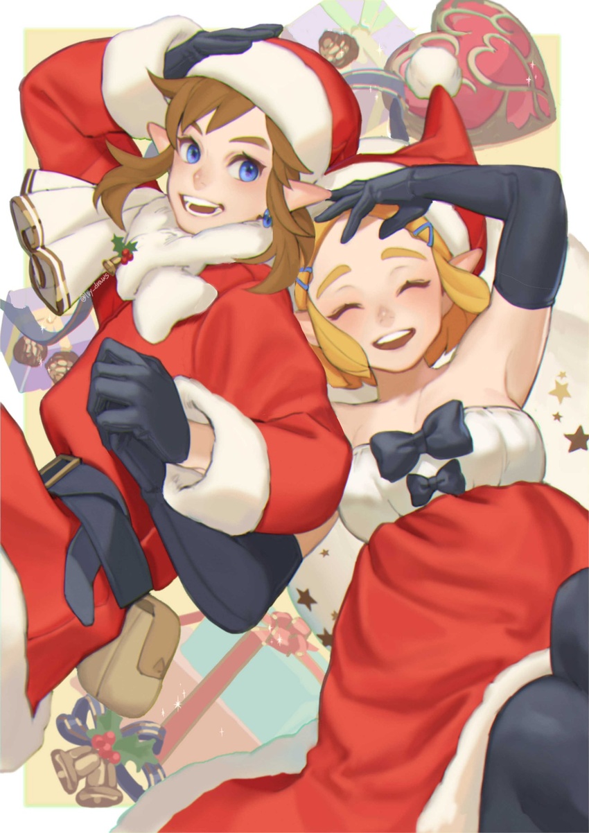 1boy alternate_costume bag bare_shoulders blonde_hair blush breasts christmas dress english_commentary female fur_trim gift gloves hat heart highres ivy_(sena0119) large_breasts link looking_at_viewer open_mouth princess_zelda sack santa_costume santa_dress santa_hat short_hair smile teeth the_legend_of_zelda the_legend_of_zelda:_tears_of_the_kingdom