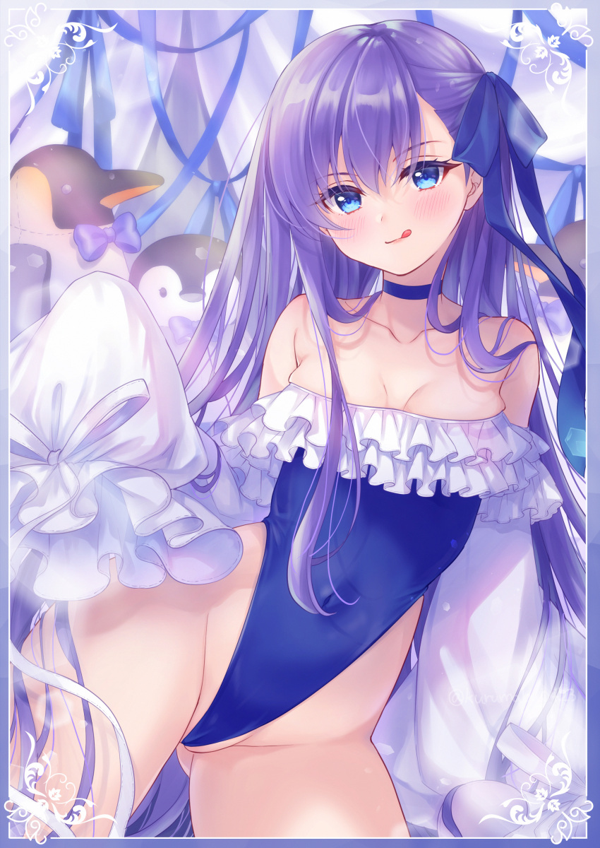 absurdres bare_shoulders bird blue_eyes blue_ribbon blush breasts choker collarbone covered_navel fate/grand_order fate_(series) female frilled_one-piece_swimsuit frills hair_ribbon highleg highleg_swimsuit highres licking_lips long_hair long_sleeves looking_at_viewer meltryllis_(fate) meltryllis_(swimsuit_lancer)_(fate) meltryllis_(swimsuit_lancer)_(second_ascension)_(fate) off-shoulder_one-piece_swimsuit off_shoulder one-piece_swimsuit partially_visible_vulva penguin pika_mouse puffy_sleeves purple_hair ribbon sleeves_past_fingers sleeves_past_wrists small_breasts smile solo swimsuit thighs tongue tongue_out very_long_hair white_ribbon