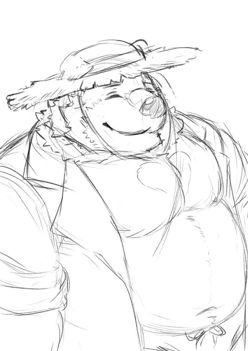 2019 absurd_res anthro bear belly bottomwear closed_eyes clothed clothing hat headgear headwear hi_res jambavan_(tas) lifewonders male mammal monochrome open_clothing open_shirt open_topwear overweight overweight_anthro overweight_male shirt shorts simple_background solo straw_hat tokyo_afterschool_summoners topwear watoson