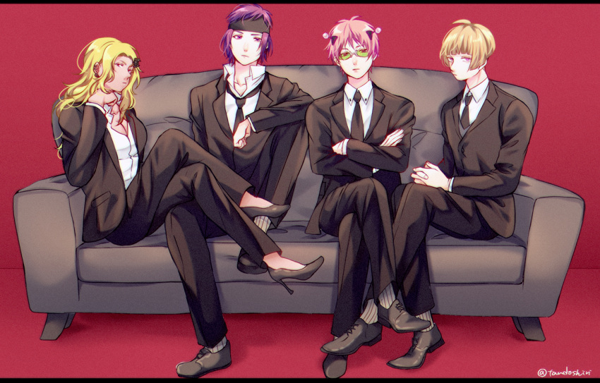 aiura_mikoto akechi_touma black_suit blonde_hair character_name couch dark_skin formal hair_ornament hairclip headband headgear long_hair on_couch pink_hair pirika_(rm0315) purple_eyes purple_hair saiki_kusuo saiki_kusuo_no_psi_nan short_hair suit tinted_eyewear toritsuka_reita