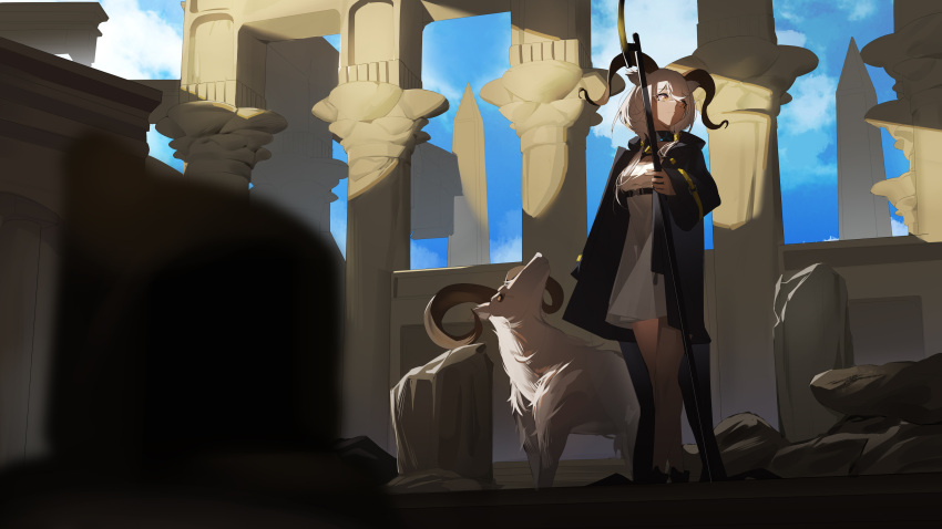 absurdres animal animal_ears arknights beeswax_(arknights) black_coat blue_sky breasts brown_eyes closed_mouth coat collar commentary_request dark-skinned_female dark_skin day dress female goat goat_ears goat_horns hair_over_shoulder highres holding holding_staff horns infection_monitor_(arknights) long_hair long_sleeves looking_away looking_to_the_side low_twintails medium_breasts newflame open_clothes open_coat outdoors pillar ruins sky solo staff standing twintails underbust white_dress white_hair