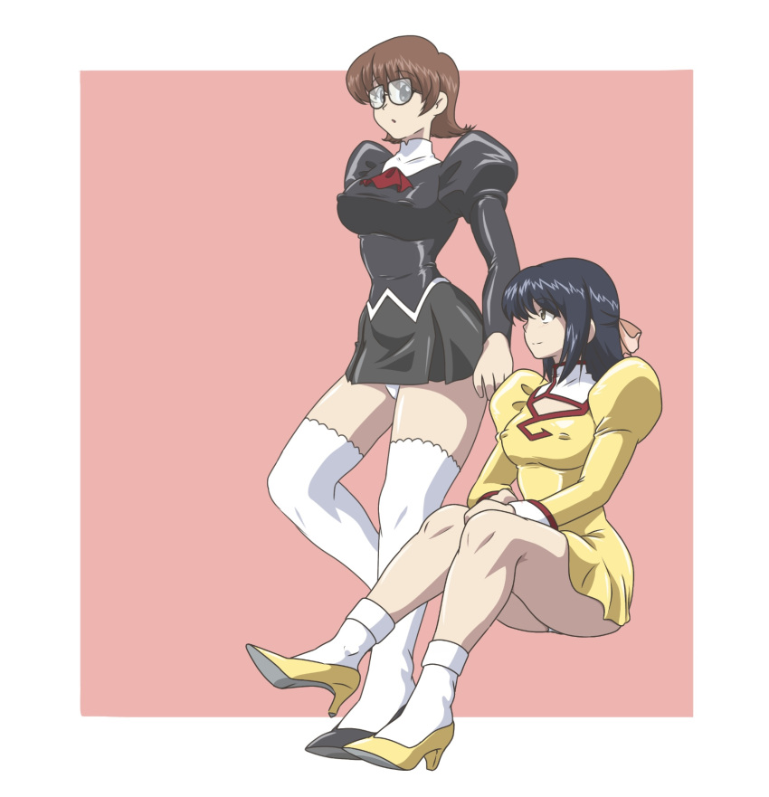 2girls agent_aika aika_(series) black_delmo black_footwear black_jacket black_skirt blue_hair bow breasts brown_eyes brown_hair cleavage_cutout closed_mouth clothing_cutout commentary_request covered_nipples delmogeny_uniform dress glasses glasses_delmo golden_delmo groin hairbow high_heels highres indoors invisible_chair jacket juliet_sleeves kuroyoshi long_sleeves looking_at_viewer medium_breasts multiple_girls panties pantyshot parted_lips pink_bow pleated_skirt puffy_sleeves rie_petoriyacowa shoes short_hair simple_background sitting skirt smile standing thighhighs thighs underwear uniform white_legwear white_panties yellow_dress yellow_footwear