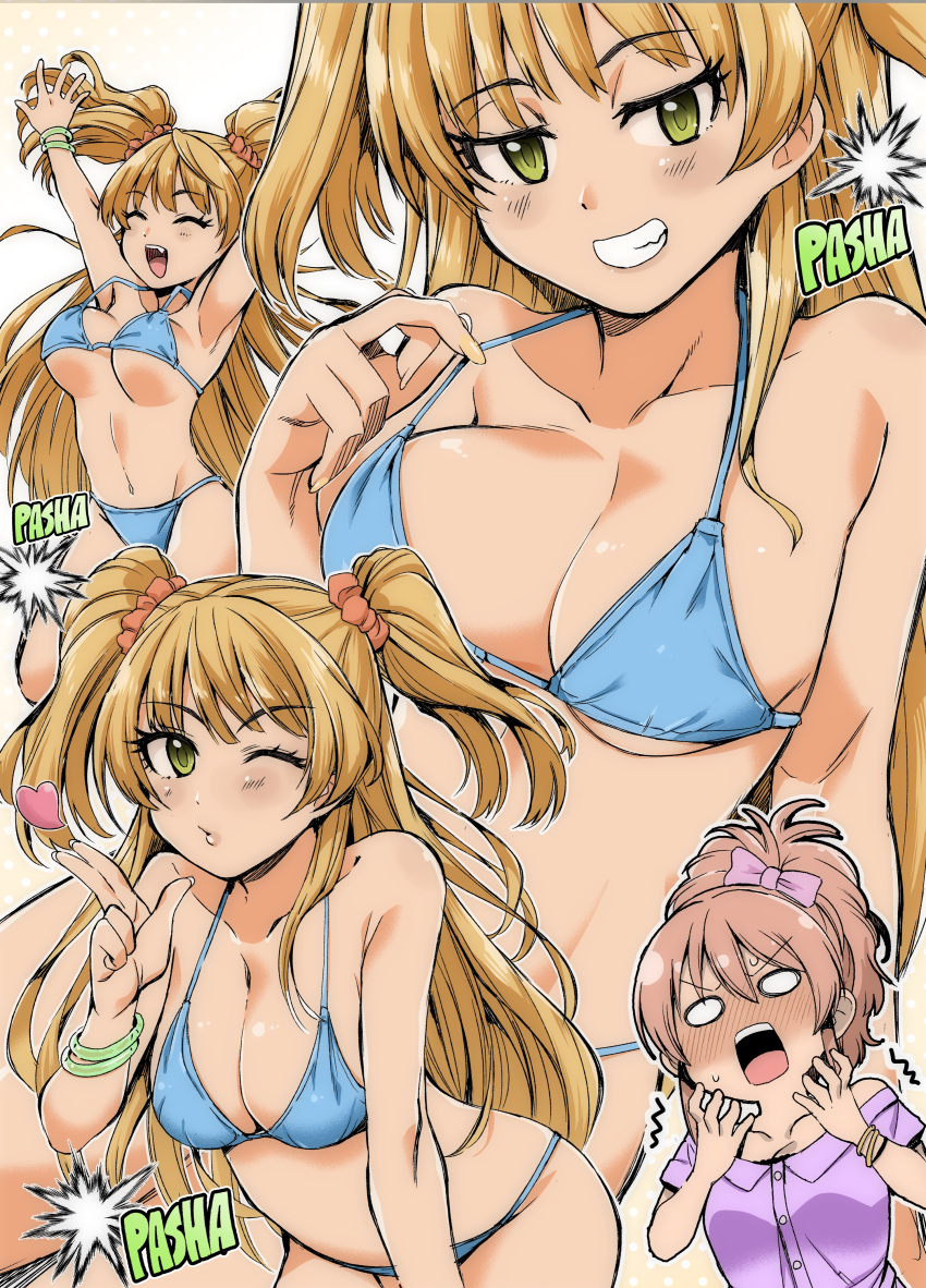 2girls absurdres aged_up bent_over bikini blonde_hair blue_bikini blush bouncing_breasts bracelet breasts cleavage collarbone commentary_request commission green_eyes hair_ribbon halterneck heart highres idolmaster idolmaster_cinderella_girls jewelry jougasaki_mika jougasaki_rika jumping long_hair medium_breasts mojimojiable multiple_girls navel oerba_yun_fang one_eye_closed open_mouth parted_lips pink_hair pink_ribbon ponytail ribbon round_teeth siblings sisters skeb_commission smile string_bikini surprised swimsuit teeth twintails white_background