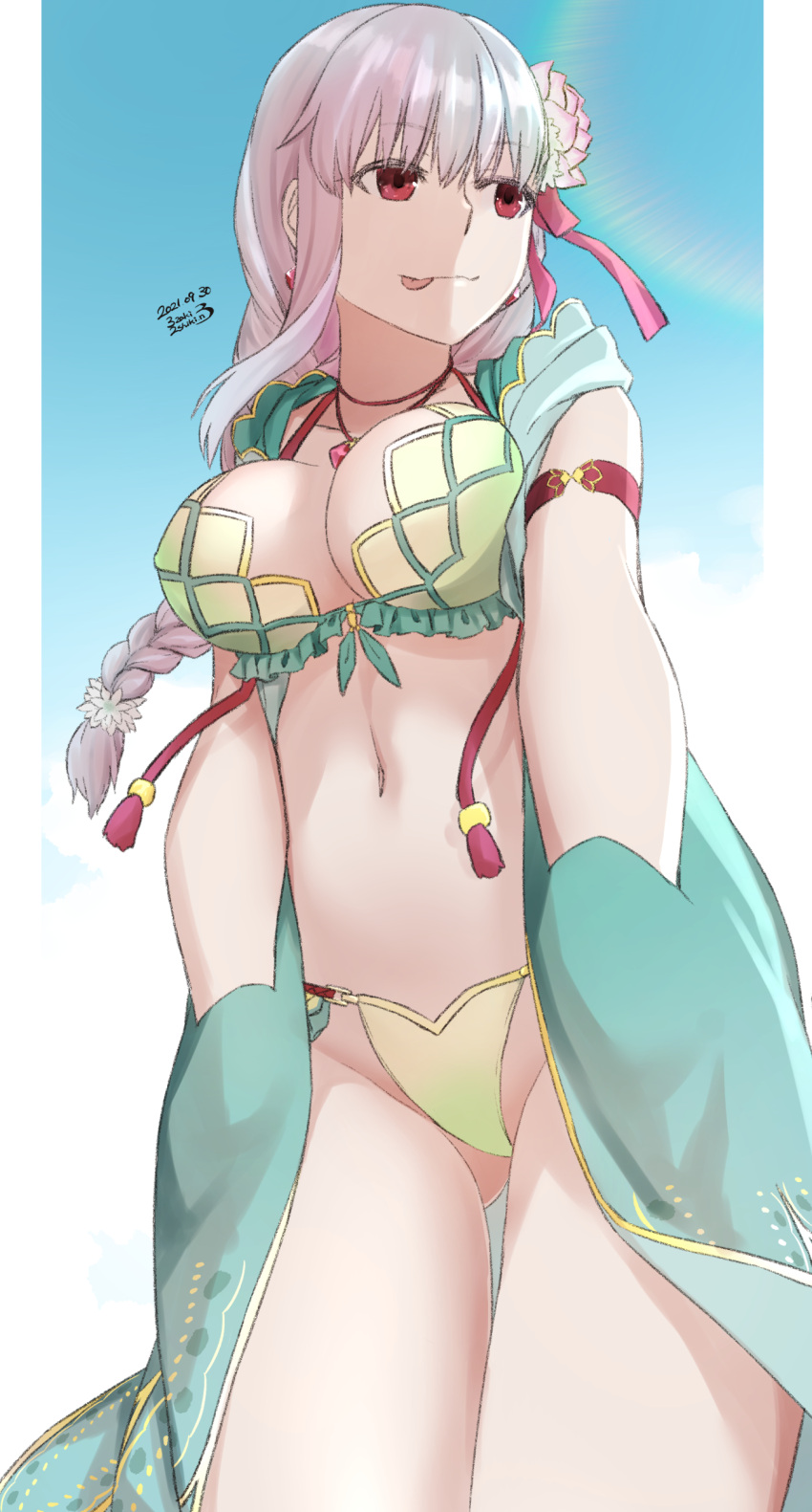 absurdres ass_visible_through_thighs bikini braid braided_ponytail breasts closed_mouth cowboy_shot earrings fate/grand_order fate_(series) female flower from_side green_bikini green_vest hair_flower hair_ornament hair_ribbon highres holding hood hooded_vest hoodie jewelry kama_(fate) kama_(swimsuit_avenger)_(fate) kama_(swimsuit_avenger)_(second_ascension)_(fate) long_hair looking_away looking_to_the_side lotus navel nonone_(the9thxsheep) pink_ribbon red_eyes ribbon simple_background smile solo star_(symbol) star_earrings swimsuit tongue tongue_out vest white_background white_hair