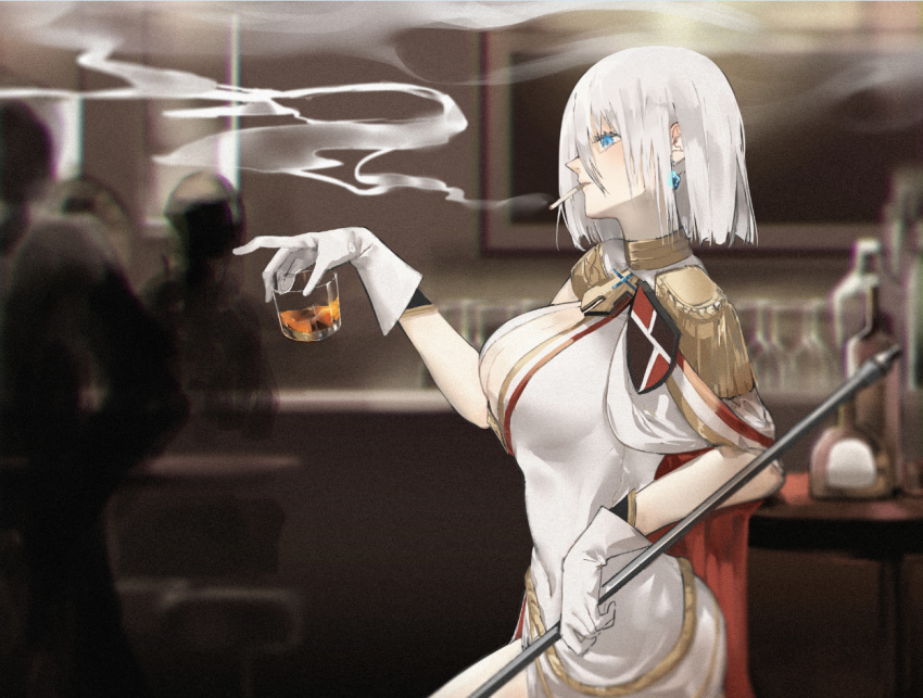 alcohol asymmetrical_clothes azur_lane bar_(place) blue_eyes blurry blurry_background breasts cape center_opening cigarette cleavage closed_mouth commentary_request cup depth_of_field dress drinking_glass earrings elbow_rest female from_side glass gloves hair_between_eyes holding holding_cup indoors jewelry large_breasts leaning_on_object looking_away looking_to_the_side medium_breasts mouth_hold neko_(ganecooo) official_alternate_costume profile scepter short_hair short_sleeves side_cape smoke smoking solo_focus table tirpitz_(azur_lane) tirpitz_(iron_blood_snowstorm)_(azur_lane) white_dress white_gloves white_hair