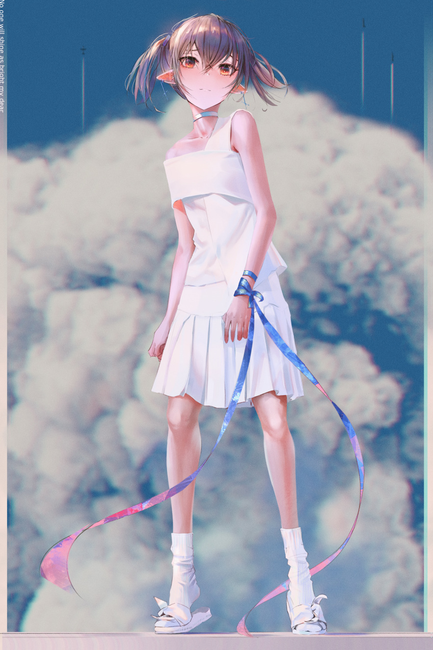 absurdres aircraft airplane blue_ribbon blue_sky blush brown_hair choker cloud commentary_request dress earrings english_text hair_between_eyes highres jewelry light_smile looking_at_viewer orange_eyes original photoshop_(medium) pointy_ears ribbon sky slippers socks solo tifg39 tiptoes twintails white_dress white_socks