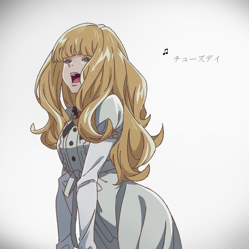 black_ribbon blonde_hair blue_eyes carole_&_tuesday character_name commentary_request dingdaydream dress eighth_note female freckles long_hair long_sleeves music musical_note neck_ribbon open_mouth puffy_sleeves ribbon simple_background singing solo standing tuesday_simmons very_long_hair wavy_hair white_dress