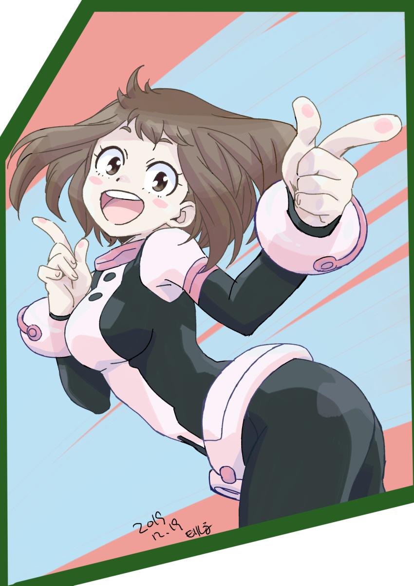 :d artist_name bad_id bad_pixiv_id bent_over blue_bodysuit blush_stickers bodysuit boku_no_hero_academia brown_eyes brown_hair dated female from_side highres looking_at_viewer looking_back morishima_noriko multicolored_background multicolored_bodysuit multicolored_clothes open_mouth pink_bodysuit short_eyebrows short_hair sidelocks skin_tight smile solo superhero_costume teeth tight_clothes upper_body upper_teeth_only uraraka_ochako