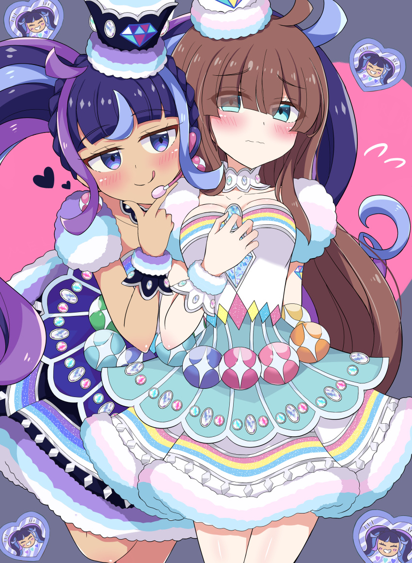 2girls :q absurdres ahoge aqua_eyes arm_behind_back blue_hair blunt_bangs blush braid breasts brown_hair choker cleavage collarbone commentary_request cowboy_shot crown crown_braid diamond-shaped_pupils diamond_(shape) dress embarrassed eyes_visible_through_hair finger_to_own_chin fur-trimmed_dress fur_cuffs fur_sleeves fur_trim hair_over_eyes headset heart heart_background highres idol kiratto_pri_chan kuro_daia_(pri_chan) long_hair looking_at_another medium_breasts meiji_(meizi493) microphone mini_crown multicolored_clothes multicolored_dress multicolored_eyes multicolored_hair multiple_girls nijinosaki_dia pretty_series purple_hair rainbow_eyes raised_eyebrows shiny_skin sideways_glance sweatdrop symbol-shaped_pupils tongue tongue_out twintails very_long_hair wavy_mouth white_dress