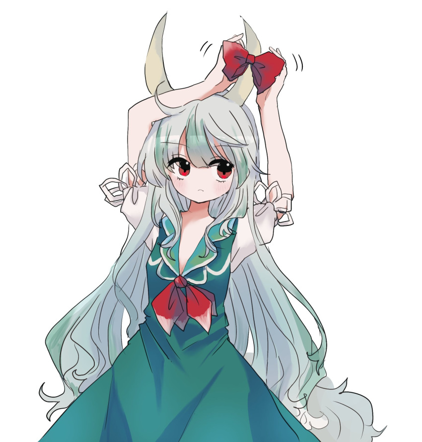 :< blush bow commentary dress ex-keine female green_dress green_hair highres horn_bow horn_ornament horns kamishirasawa_keine long_hair motion_lines neckerchief puffy_short_sleeves puffy_sleeves red_bow red_eyes red_neckerchief short_sleeves solo tail touhou upper_body wavy_hair white_background zabuton_(mgdw5574)