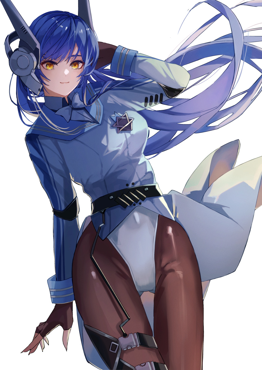 absurdres arm_behind_head black_gloves black_pantyhose blue_bow blue_bowtie blue_hair blue_jacket blue_shirt bow bowtie breasts closed_mouth commentary elbow_pads feet_out_of_frame female fingerless_gloves from_below girls'_frontline gloves highres jacket leotard light_blush lips long_hair long_sleeves looking_at_viewer mechanical_ears medium_breasts orange_eyes pantyhose shirt smile solo standing tar-21_(girls'_frontline) teizen_(niwamaee) thighs white_background white_leotard