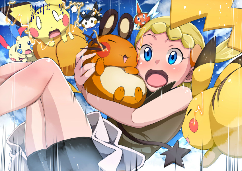 absurdres blonde_hair blue_eyes blush body_blush bonnie_(pokemon) cloud commentary_request day dedenne electricity emolga falling feet_out_of_frame female giji_eizan hair_ornament highres holding holding_pokemon legs_together minun motion_lines open_mouth outdoors pichu pikachu plusle pokemon pokemon_(anime) pokemon_(creature) pokemon_xy_(anime) rotom rotom_(normal) shiny_skin sky tongue