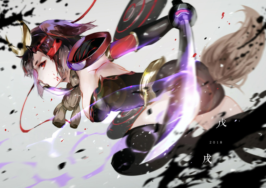 2018 animal_ears black_dress blurry breasts brown_hair character_request chinese_zodiac dog_ears dog_tail dress female from_side gauntlets hair_ornament highres holding holding_sword holding_weapon long_hair medium_breasts motion_blur new_year profile red_eyes short_hair sideways_glance solo sword tail tower_of_saviors vardan weapon year_of_the_dog