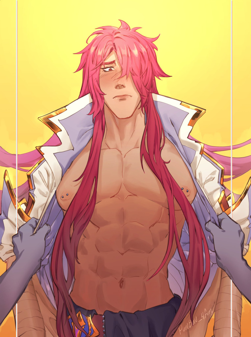 abs bara battle_academia_series battle_academia_yone blush jacket league_of_legends long_hair male male_focus male_only nipples open_jacket open_shirt pants pecs pectorals pierced_nipples pink_hair punbun_4fun solo solo_focus solo_male yone