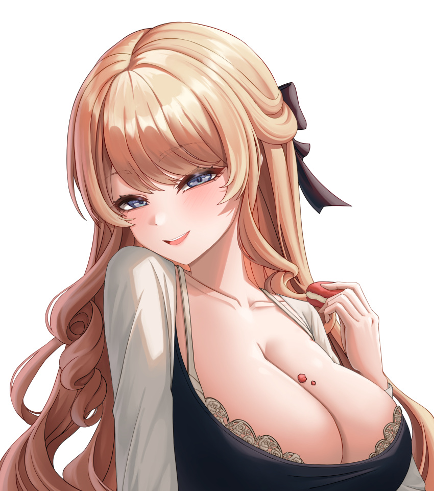 absurdres blonde_hair bra bra_peek breasts cleavage collarbone dongtan_dress dress english_commentary female food genshin_impact grey_dress head_tilt highres holding holding_food large_breasts long_hair long_sleeves looking_at_viewer meme_attire navia_(genshin_impact) open_mouth rang_g_c smile solo taut_clothes taut_dress underwear upper_body white_background