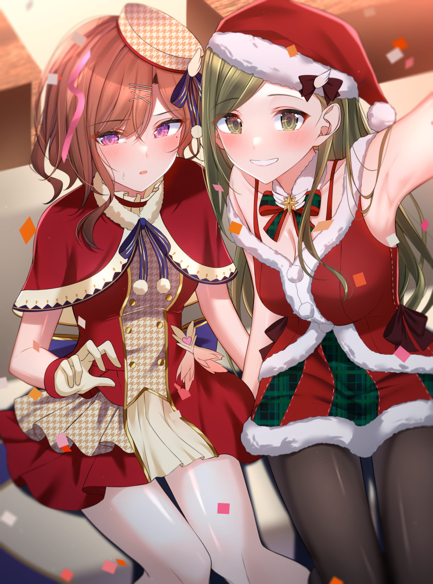 2girls :o absurdres arm_up armpits averting_eyes black_pantyhose breasts brown_hair capelet confetti detached_collar dress feet_out_of_frame fur-trimmed_shirt fur-trimmed_skirt fur_trim green_hair hat highres higuchi_madoka idolmaster idolmaster_shiny_colors indoors kunimine_yuzuki long_hair looking_at_viewer medium_breasts mini_hat mole mole_under_eye multiple_girls nanakusa_hazuki pantyhose red_capelet santa_costume santa_hat selfie shirt short_hair sitting skirt sleeveless sleeveless_dress small_breasts sweatdrop swept_bangs very_long_hair