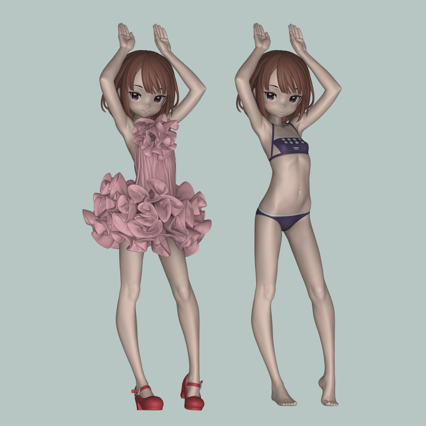 3d :o absurdres armpits arms_up asymmetrical_bangs bare_legs bare_shoulders barefoot bikini black_bikini blush brown_eyes brown_hair commentary_request dress female flat_chest frilled_dress frills full_body halterneck high_heels highres knees kuroboshi_kouhaku llenn_(sao) looking_at_viewer multiple_views navel pink_dress rabbit_pose red_footwear sayori_(neko_works) short_hair simple_background sleeveless sleeveless_dress smile standing stomach swimsuit sword_art_online sword_art_online_alternative:_gun_gale_online toes transparent_background