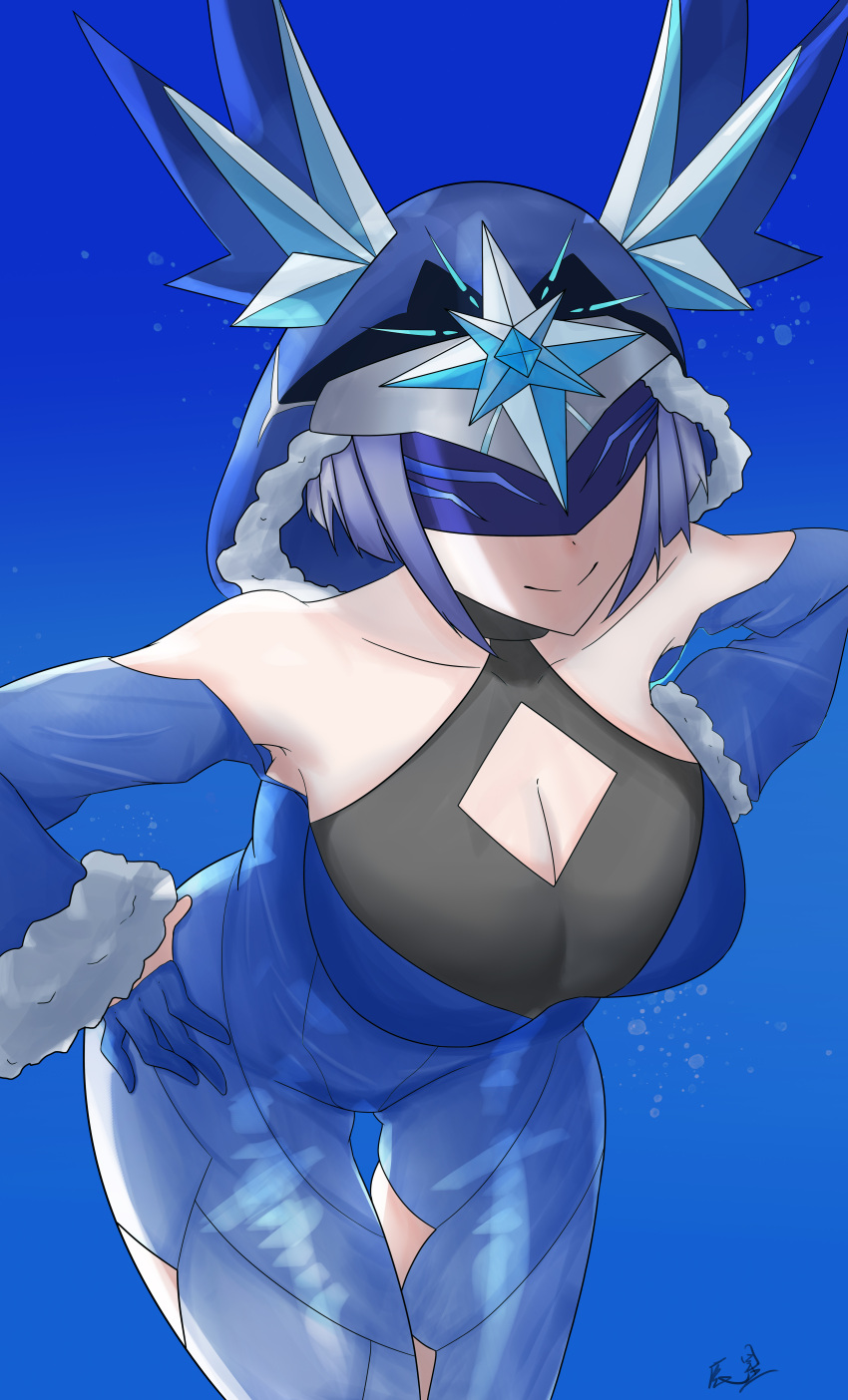 absurdres bare_shoulders blue_background blue_bodysuit blue_coat blue_gloves blue_hair bodysuit breasts chenxing cicin_mage_(genshin_impact) coat cryo_cicin_mage_(genshin_impact) diamond_cutout eye_mask female fur_trim genshin_impact gloves half_gloves highres hood hood_up large_breasts light_blue_hair short_hair solo