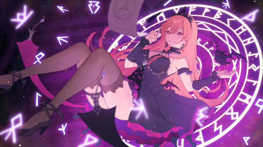 bare_shoulders bat_(animal) bat_wings black_dress blurry breasts choker cleavage depth_of_field detached_sleeves dress earrings english_commentary female high_heels highres jewelry large_breasts long_hair low_wings magic_circle phase_connect pink_eyes pink_hair runes runie_ruse scroll snake_earrings solo terupancake thighhighs tiara virtual_youtuber wings