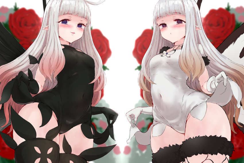 2girls absurdres airy_(bravely_default) anne_(bravely_second) antenna_hair black_gloves black_leotard black_thighhighs blue_eyes blush bravely_default:_brilliant_lights bravely_default:_flying_fairy bravely_default_(series) bravely_second:_end_layer breasts brown_eyes butterfly_wings commission commissioner_upload covered_navel fairy fairy_wings flower fur_trim gloves groin gulp5959 highres insect_wings leotard long_hair looking_at_viewer multiple_girls pointy_ears rose siblings sisters skeb_commission small_breasts smile thighhighs thighs white_gloves white_hair white_leotard wings