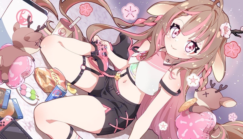 ahoge animal_ears antlers black_shorts braid brown_hair cherry_blossoms chips_(food) collared_shirt controller crop_top dango deer_antlers deer_ears deer_girl drink exitus female flower flower-shaped_pupils flower_facial_mark food fuusen_neko game_controller hair_flower hair_ornament holding holding_controller holding_game_controller horns kannazuki_lubee long_hair looking_at_viewer multicolored_hair navel pink_eyes pink_flower pink_hair shirt shorts side_braids sitting smile solo streaked_hair stuffed_deer symbol-shaped_pupils very_long_hair virtual_youtuber wagashi wariza