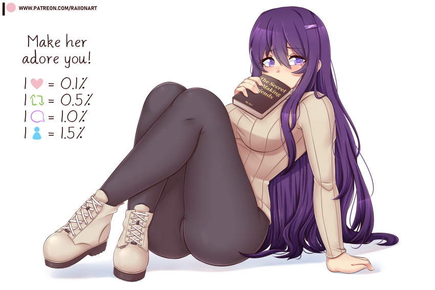 ass black_leggings book breasts commentary cross-laced_footwear crossed_ankles doki_doki_literature_club english_commentary english_text female full_body hair_between_eyes hair_ornament hairclip highres holding holding_book large_breasts leaning_back leggings like_and_retweet long_hair long_sleeves patreon_username purple_eyes purple_hair raion_(raionart) ribbed_sweater simple_background sitting solo sweater very_long_hair white_background yuri_(doki_doki_literature_club)