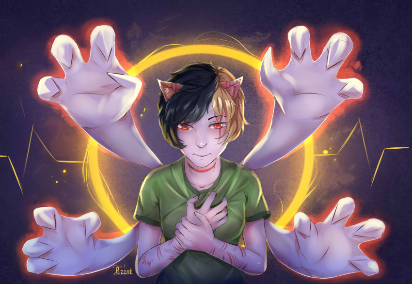 2019 4_fingers 5_fingers abstract_background animal_humanoid black_hair blonde_hair breasts cat_humanoid circle_background clothed clothing curled_fingers energy felid felid_humanoid feline feline_humanoid female fingers front_view glowing_arms grainy green_clothing green_shirt green_t-shirt green_topwear hair half-length_portrait hand_on_heart hi_res holding_chest holding_wrist humanoid inner_ear_fluff light_body light_skin looking_at_viewer magic mammal mammal_humanoid multi_arm multi_limb multicolored_hair orange_eyes orange_glow portrait reaching reaching_towards_viewer rizent shirt short_hair solo standing steam t-shirt tattoo topwear tribal tribal_tattoo tuft two_tone_hair