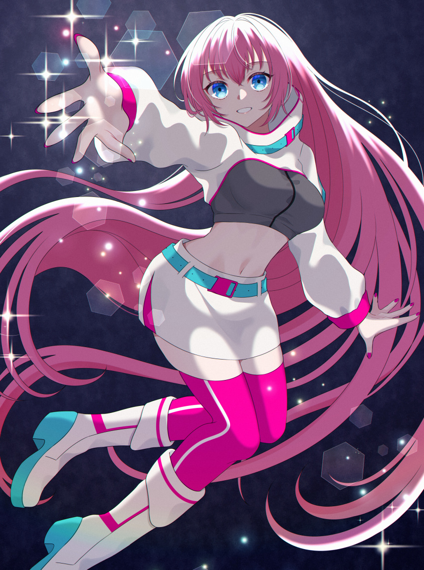 absurdly_long_hair absurdres belt blue_eyes boots commentary crop_top female grin high_collar high_heel_boots high_heels highres long_hair long_sleeves looking_at_viewer magical_mirai_(vocaloid) magical_mirai_luka magical_mirai_luka_(2023) megurine_luka midriff miniskirt navel outstretched_arm pink_hair reaching reaching_towards_viewer rooibos shrug_(clothing) skirt smile solo sparkle thighhighs very_long_hair vocaloid