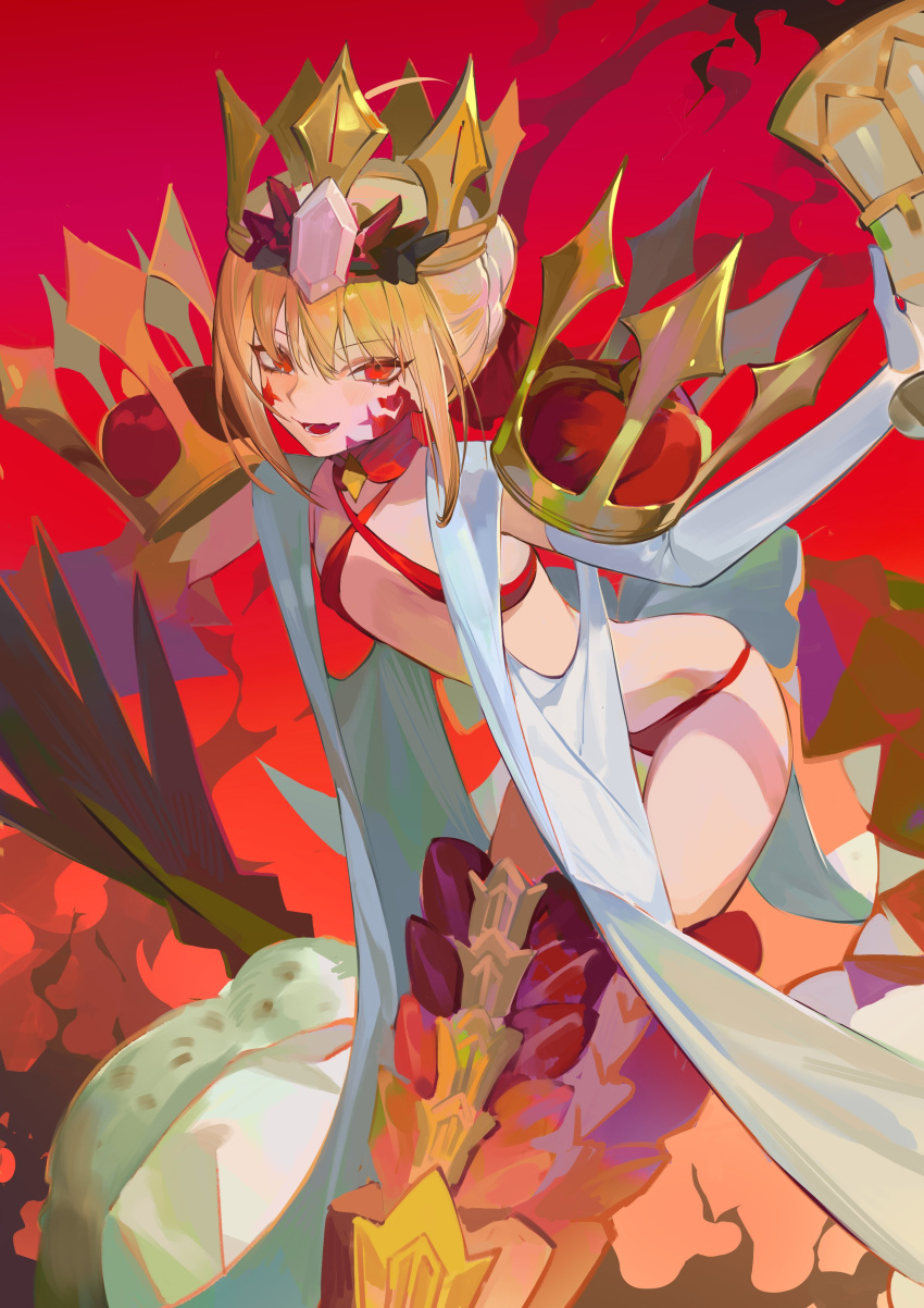 absurdres armored_legwear bikini bingansuan_jiamouren blonde_hair boots criss-cross_halter crown dragon_tail elbow_gloves facial_mark fate/grand_order fate_(series) female flat_chest gloves gold_crown halterneck highres holy_grail_(fate) looking_at_viewer nero_claudius_(fate) open_mouth pointed_crown queen_draco_(fate) queen_draco_(second_ascension)_(fate) red_background red_bikini red_eyes scales smile solo swimsuit tail thigh_boots white_gemstone white_gloves