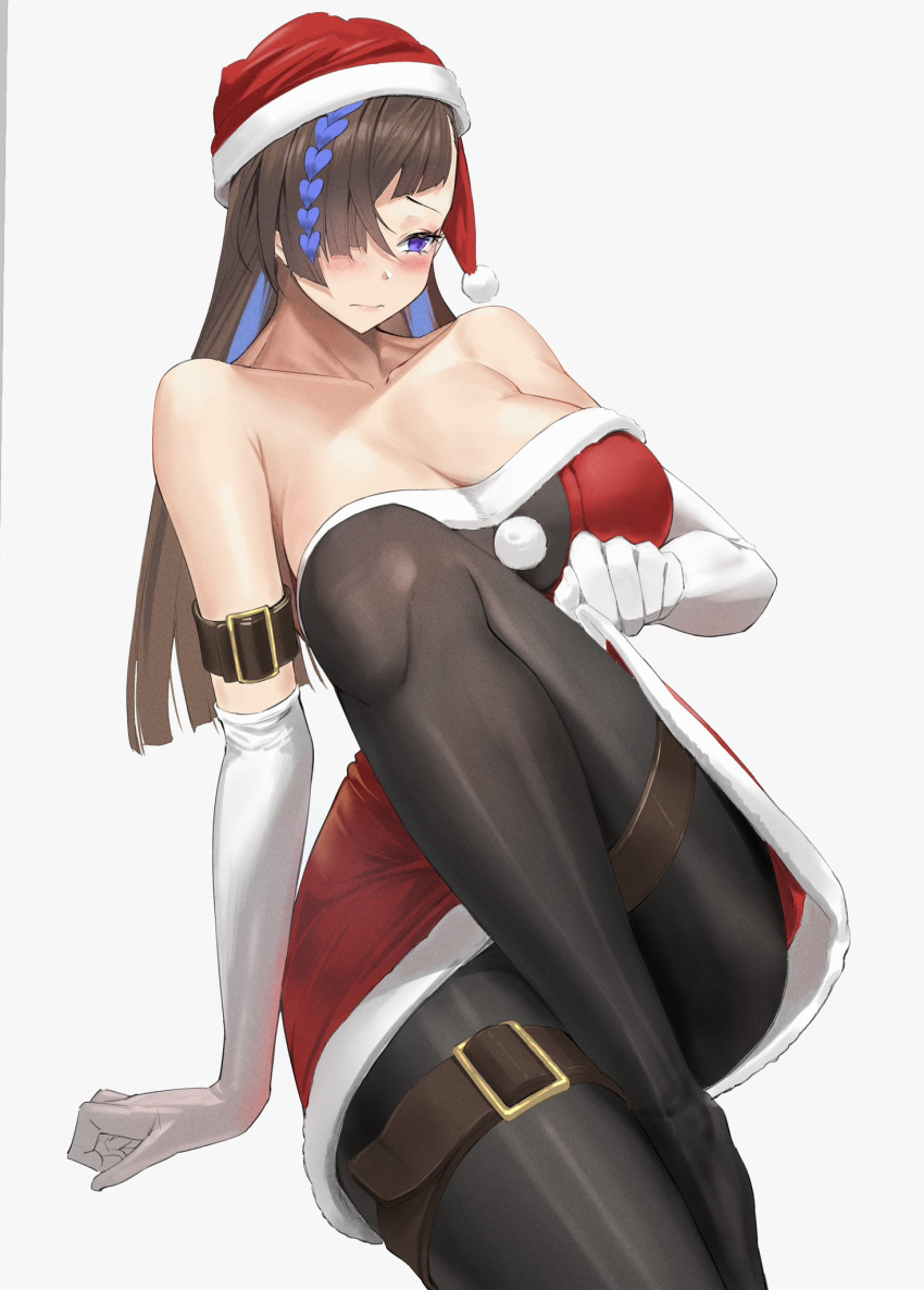 bare_shoulders blue_eyes blue_hair blush braid breasts christmas cleavage dress duel_monster female hair_over_one_eye hat highres large_breasts long_hair multicolored_hair red_hat santa_costume santa_dress santa_hat sayaka_ikku solo streaked_hair thigh_strap witchcrafter_haine yu-gi-oh!