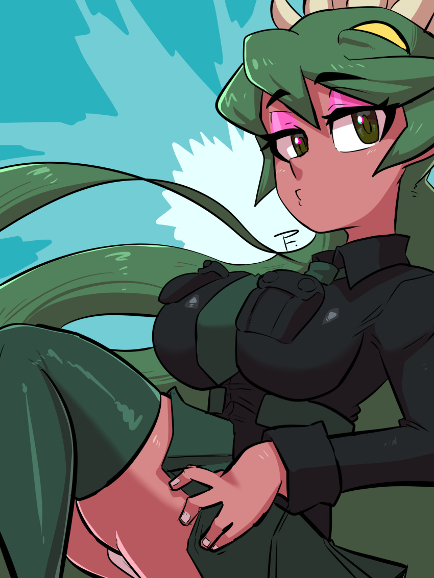 absurdres black_shirt breast_pocket breasts dark_skin feet_out_of_frame female fukua_(skullgirls) green_eyes green_hair green_necktie green_skirt green_thighhighs highres large_breasts long_sleeves looking_at_viewer makeup mascara miniskirt necktie painting_fish panties pantyshot pocket puckered_lips shamone_(skullgirls) shirt skirt skullgirls solo thighhighs underwear white_panties