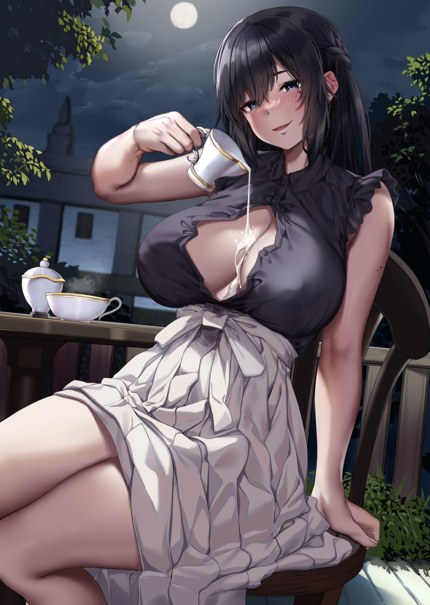 bare_arms black_hair blue_eyes blush breasts commentary_request cup female full_moon highres holding holding_cup jack_dempa large_breasts long_hair looking_at_viewer miyamae_shiho_(jack_dempa) mole mole_on_arm mole_under_eye moon moonlight multiple_moles night original outdoors parted_lips pouring pouring_onto_self sitting skirt smile solo thighs white_skirt