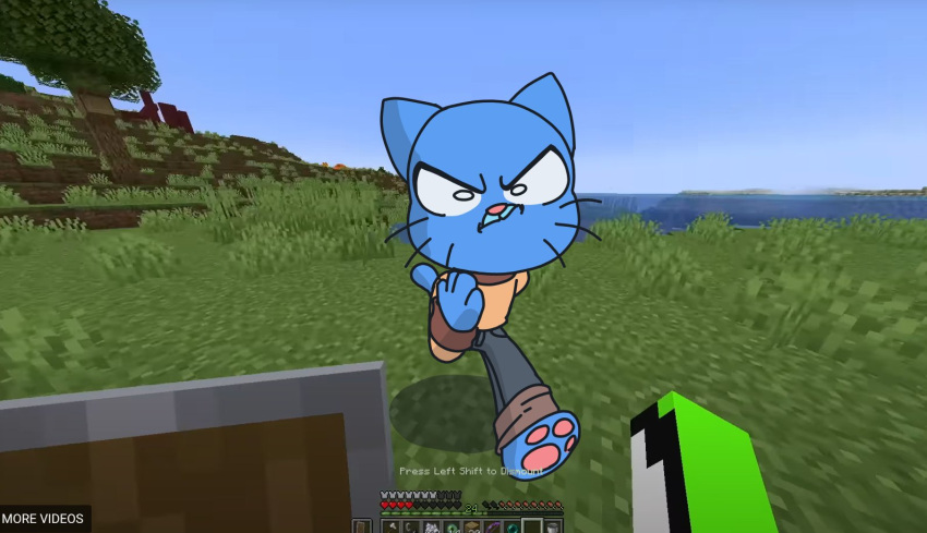 2023 angry anthro cartoon_network domestic_cat draw_over dream_(youtuber) dream_vs_gumball english_text felid feline felis first_person_view gumball_watterson imminent_attack imminent_violence looking_at_viewer male malicious_intent mammal mariiboops meme microsoft minecraft mojang running sprinting text the_amazing_world_of_gumball xbox_game_studios youtube