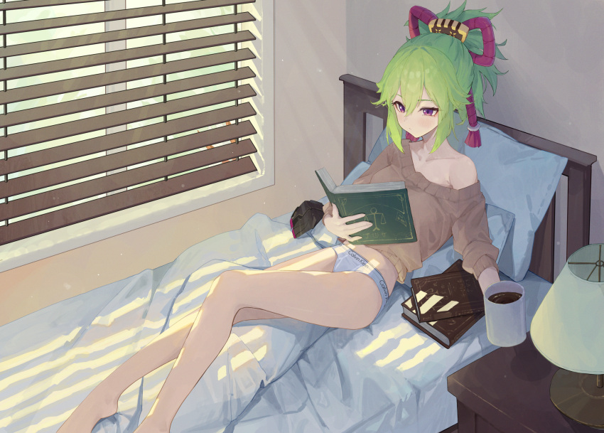 1boy arataki_itto barefoot bed bedroom blue_panties book calvin_klein commentary_request cup female genshin_impact green_hair grey_sweater highres holding holding_book holding_cup indoors kuki_shinobu long_sleeves mug ningen_gokko no_pants off-shoulder_sweater off_shoulder panties pillow ponytail reading short_hair single_bare_shoulder solo_focus sweater thighs underwear white_panties window_blinds