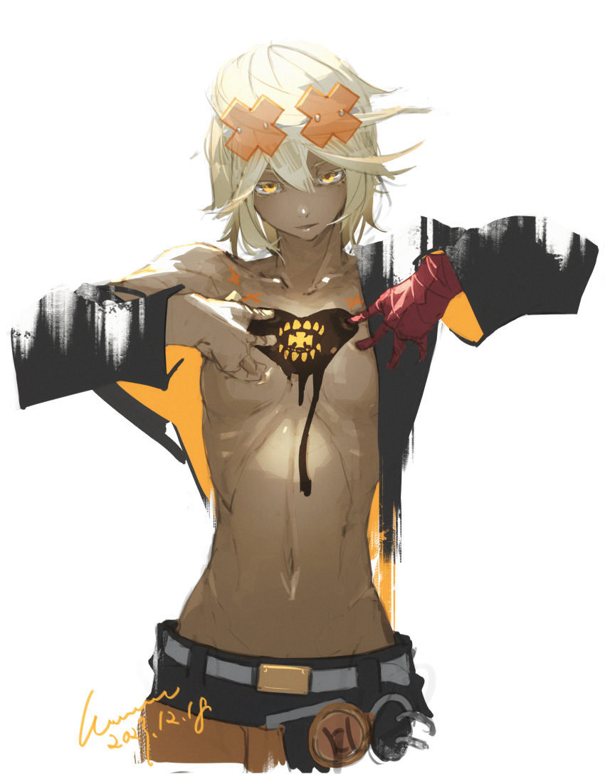 absurdres bandaged_arm bandages blonde_hair breasts chest_tattoo dark-skinned_female dark_skin eyewear_on_head female guilty_gear guilty_gear_strive hair_between_eyes happy_chaos heart heart_tattoo highres long_sleeves looking_at_viewer medium_breasts medium_hair navel orange-tinted_eyewear orange_eyes ramlethal_valentine red_bandage simple_background tattoo tinted_eyewear wawon_(wan_wawon) x-shaped_eyewear