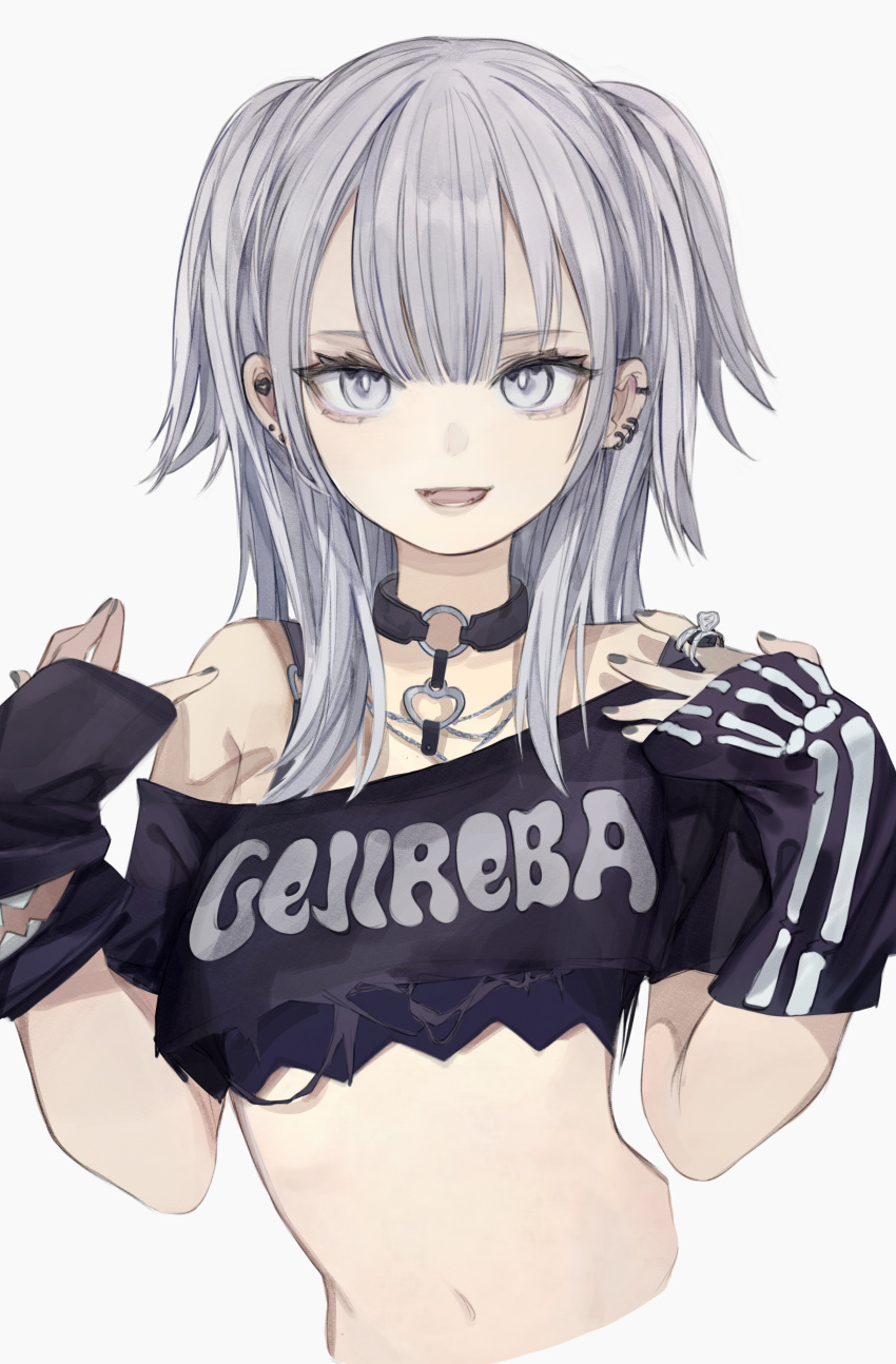 absurdres bad_id bad_pixiv_id black_camisole black_choker black_nails black_shirt bone_print camisole choker clothes_writing cropped_shirt cropped_torso ear_piercing earrings female grey_background grey_eyes grey_hair hands_up highres jewelry looking_at_viewer medium_hair nail_polish navel o-ring o-ring_choker off-shoulder_shirt off_shoulder original parted_lips piercing ring shirt simple_background solo tokiwata_soul