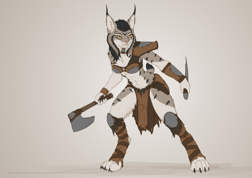 absurd_res anthro axe ear_piercing ear_ring felid feline female hi_res knife lynx mammal mira_(spectronic) piercing ring_piercing solo spectronic tribal