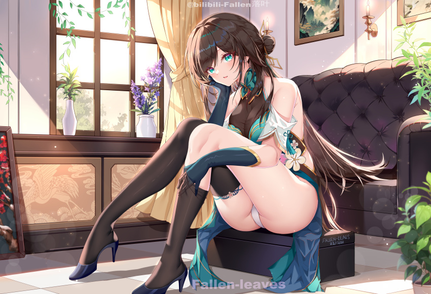 aqua_eyes ass bare_shoulders black_hair blue_eyes blue_gloves breasts brown_hair chinese_clothes cleavage clothing_cutout dress fallen-leaves female full_body gloves highres honkai:_star_rail honkai_(series) indoors jewelry long_hair looking_at_viewer medium_breasts necklace panties parted_lips ruan_mei_(honkai:_star_rail) short_sleeves shoulder_cutout sitting solo thighs underwear white_panties