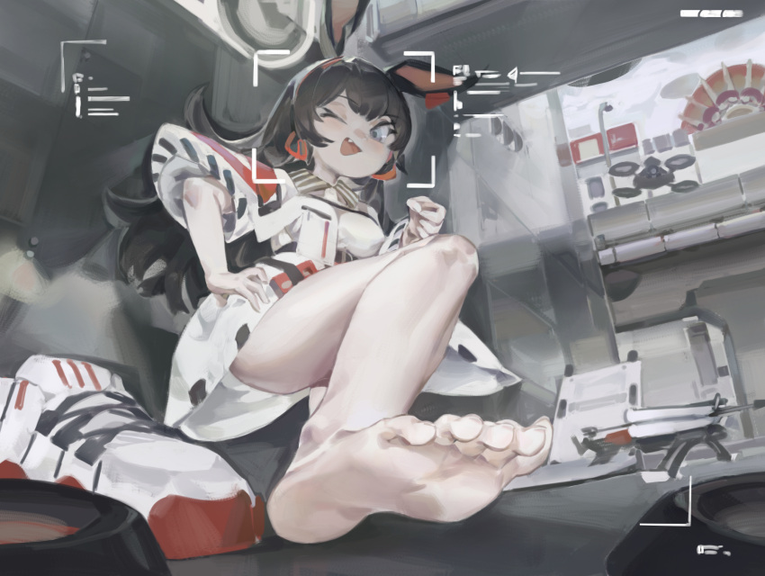 animal_ears april_(arknights) arknights aspirine4832 barefoot black_hair blue_eyes blush breasts dress earrings eyelashes feet female foot_focus foreshortening full_body hand_on_own_hip hand_up highres jewelry legs long_hair looking_at_viewer medium_breasts on_ground one_eye_closed outdoors rabbit_ears red_footwear shoes sitting sneakers soles solo toenails toes unworn_shoes viewfinder white_dress white_footwear wide_sleeves